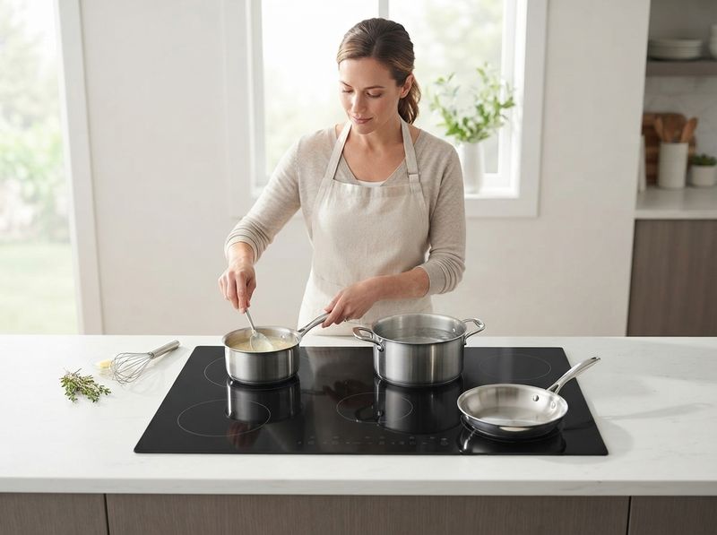 Griddle spanning two merged burner zones on a black glass cooktop