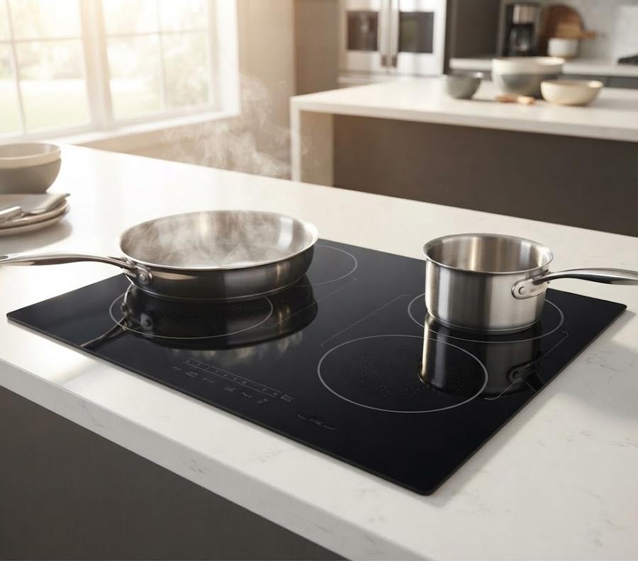 Four-zone drop-in induction cooktop seated in a counter cutout