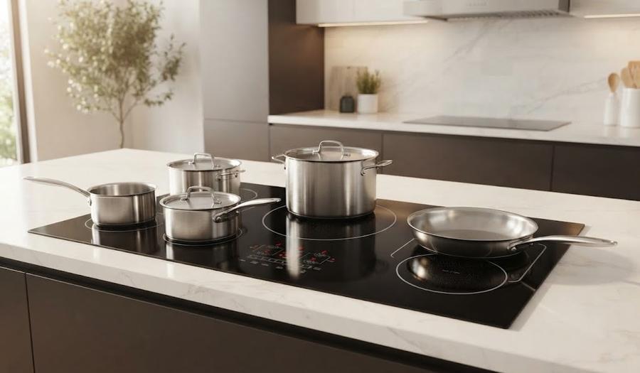 Five-zone drop-in induction cooktop in a finished kitchen counter